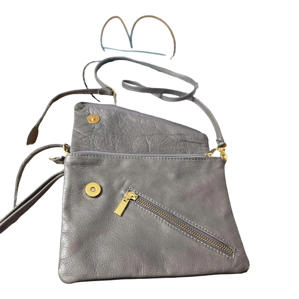 Genuine‎ Gray Leather Asymmetrical Foldover Crossbody Bag Gold Hardware